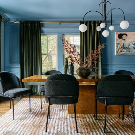 Natalie Papier (From Magnolia Network) Turns a Very Beige Home Into A Colorful Oasis — Real Simple Trending Paint Colors, Dining Room Blue, Dining Room Inspiration, Interior Projects, Blue Walls, Dining Room Design, Interior Design Trends, Home Studio, Interior Design Inspiration