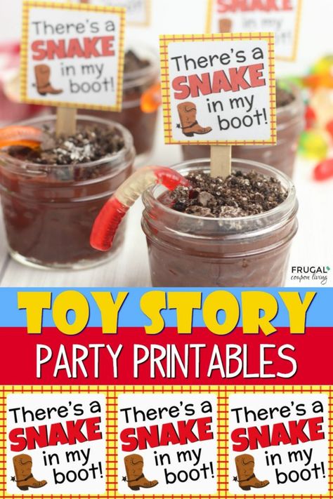 Toy Story Party Printable and Mason Jar Chocolate Pudding Recipe. These free toy story printables are perfect for a Woody and Buzz Lightyear fan. #FrugalCouponLiving #buzzlightyear #toystory #printables #freeprintables #partydecor #toystoryparty #partyideas #woody #buzzlightyear #toystorycrafts #toystorybirthday #snake #masonjars #masonjarrecipes #recipes #pudding Recipes Pudding, Pudding Cup Recipes, Toy Story Printables, Toy Story Coloring Pages, Toy Story Crafts, Buzz Lightyear Birthday, Chocolate Pudding Recipe, Chocolate Pudding Recipes, Toy Story Theme