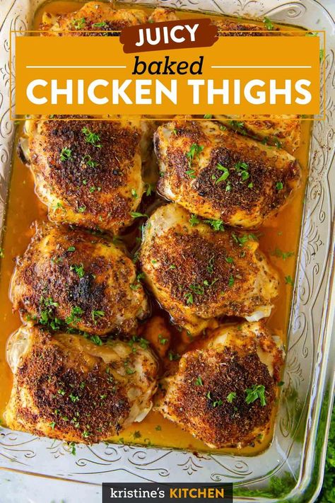 The BEST Oven Baked Chicken Thighs! This easy recipe makes juicy, flavorful chicken thighs with crispy skin. Use bone in skin on or boneless skinless chicken thighs. One of our favorite chicken dinner recipes! Easy Oven Chicken Thigh Recipes, Hi Jen Thigh Recipes, Bone In Skin On Thigh Recipes, Chicken Thigh Baked Bone In, Bone In Skin On Chicken Thigh Recipes Crock Pot, Chicken Thigh Filets In Oven, Bine In Chicken Thigh Recipes, Chicken To Feed A Crowd, Easy Bone In Skin On Chicken Thigh Recipes