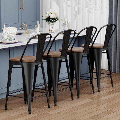 Set of 4 Counter Height Bar Stools for Kitchen Island Farmhouse Metal High Back Bar Chairs Wooden Kitchen Island Barstools, Bar Stools For Kitchen Island, Stools Kitchen Island, Island Barstools, Bar Stools For Kitchen, Kitchen Counter Height, Island Farmhouse, Stools Kitchen, Stools For Kitchen Island