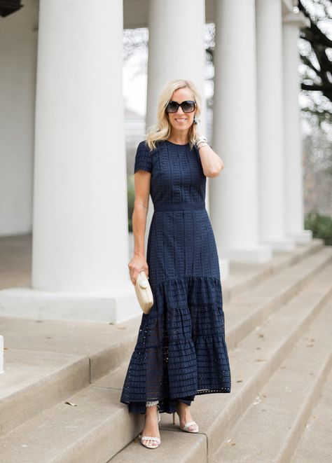 Navy Maxi Dress Outfit, Navy Dress Outfit, Navy Blue Dress Outfit, Dresses For Easter, Navy Dress Outfits, Black Dress Outfit Casual, Blue Dress Outfits, Cocktail Bridesmaid Dresses, Eyelet Maxi Dress