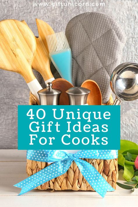 If you’re trying to decide on the perfect gift for a friend or family member who loves to cook, look no further. We listed useful gift ideas for cooks, from 40 food bloggers, chefs, and culinary experts with one thing in common: they all love to cook! #cookinggifts #giftsforcooks Cooking Themed Gift Baskets, Foodie Gift Basket, Cooking Baskets Gift Ideas, Unique Gift Ideas For Best Friend, Cooking Gift Basket Ideas, Gifts For A Chef, Cooking Gift Basket, Chef Gift Basket, Cooking Gifts Basket