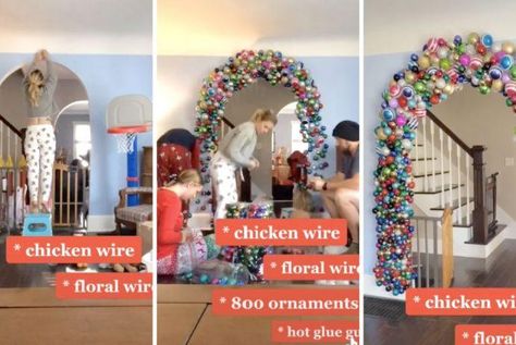 Mom hot-glues 800 ornaments around her doorway to create a stunning Christmas arch Ornament Doorway Arch, Ornament Arch Diy, Christmas Ornament Arch, Ornament Arch, Doorway Arch, Disney Princess Books, Christmas Arch, Two Couples, Doorway Decor