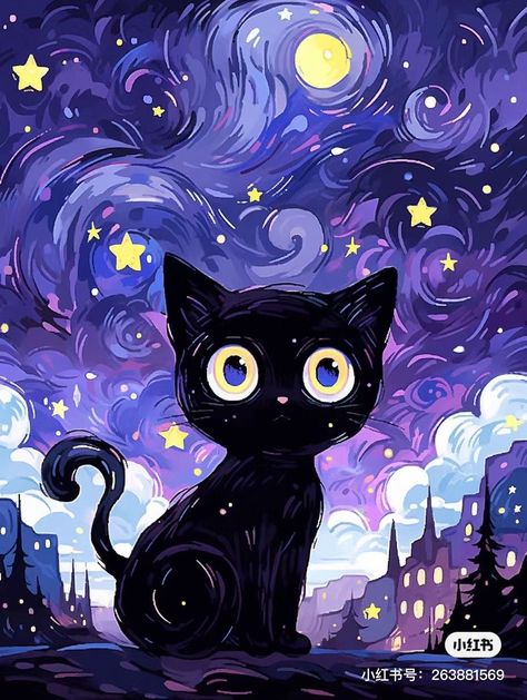 Purple Cat Drawing, فنسنت فان جوخ, Meow Art, Car Background, Cat Phone Wallpaper, Cat Paintings, Arte Van Gogh, Y2k Wallpaper, Black Cat Art