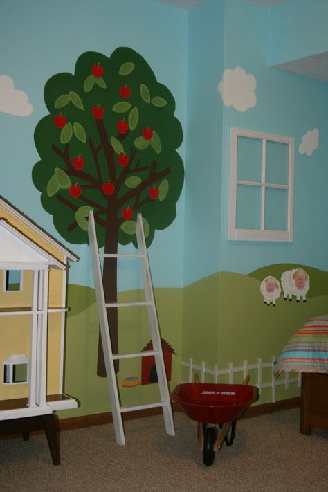 Wall painting in farm room at Oma's house. Farm Mural Painting, Farm Kids Room, Boys Farm Bedroom, Childrens Ministry Room, Barnyard Nursery, Farm Mural, Farm Background, Kids Barn, Farm Bedroom