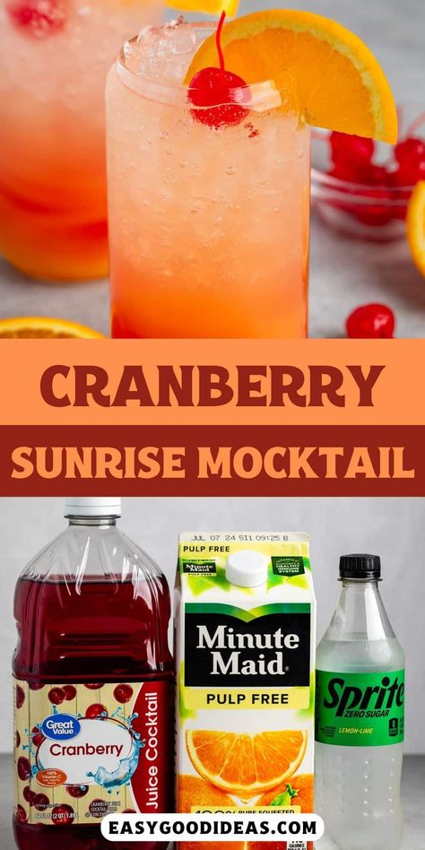 A Cranberry Sunrise Mocktail is the perfect refreshing drink without alcohol - cranberry juice and orange juice with soda - it's such a pretty drink! Drinks For Crowd Non Alcoholic, Orange Juice And Cranberry Juice Drinks, Non Alcoholic Drinks With Cranberry Juice, Orange Non Alcoholic Drinks, Juice Mocktails Nonalcoholic, Starbucks Cranberry Orange Refresher, Cranberry Juice Recipes Drinks, Christmas Party Drinks Nonalcoholic, Orange Juice Punch