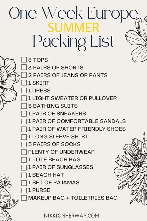 What you need to pack for your one week vacation to Europe! One Week Packing List Summer, What To Pack For Vacation For A Week, Summer Packing List 1 Week, Vacation Shopping List, One Week Packing List, Packing For One Week, One Week In Europe, Family Vacation Packing List, Athens Vacation