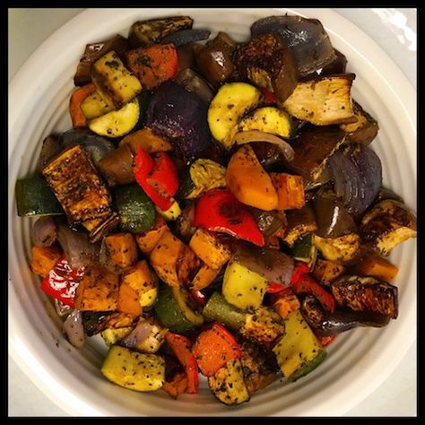 Roasted Vegetable Medley | Shari Rozansky Roasted Eggplant And Zucchini Recipes, Oven Roasted Eggplant And Zucchini, Easter Supper, Oven Roasted Eggplant, Roasted Vegetable Medley, Eggplant Zucchini, Roast Zucchini, Dried Basil, Vegetable Medley