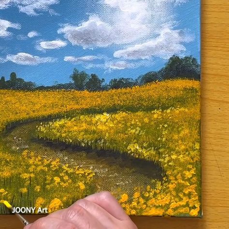 Yellow Field Painting, Field Of Yellow Flowers Painting, Yellow Painting Aesthetic, Corn Field Painting, Yellow Paintings, Joony Art, Flower Painting Videos, Yellow Flowers Painting, Yellow Field