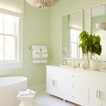 White and Celery Green Bathroom with Large White Hex Tiles White And Green Bathroom, Scalloped Vanity, Swedish Desserts, Light Green Bathrooms, Green Bedroom Walls, Light Green Walls, Nordic Aesthetic, Room Color Combination, Room Wall Colors