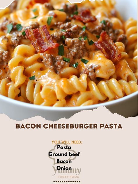 🍝 "Bacon Cheeseburger Pasta—a fun, flavorful twist on classic cheeseburgers. Creamy, cheesy, and oh-so-delicious! 🍔🍝 #PastaRecipes #ComfortFood" Bacon Cheeseburger Pasta Ingredients: Pasta (8 oz, uncooked) Ground beef (1 lb) Bacon (4 strips, cooked and crumbled) Onion (1, chopped) Garlic (2 cloves, minced) Tomato sauce (1 cup) Cheddar cheese (1 cup, shredded) Cream (1/2 cup) Salt and pepper (to taste) Instructions: Cook pasta according to package instructions. Drain and set aside. In a sk... Cheese Burger Macaroni, Bacon Cheeseburger Pasta, Cheeseburger Mac And Cheese, Bacon Cheeseburger Casserole, Cheeseburger Pasta, Mexican Casserole Recipe, Baked Bacon, Bacon Burger, Bacon Pasta