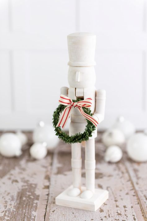 White And Gold Nutcracker Diy, White Christmas Decor Aesthetic, Elegant Nutcracker Christmas, Black And White Nutcracker Christmas, Modern Nutcracker Christmas, Painting Nutcrackers Diy, Hobby Lobby Nutcracker Diy, Diy Christmas Nutcrackers, Nutcracker Diy Crafts