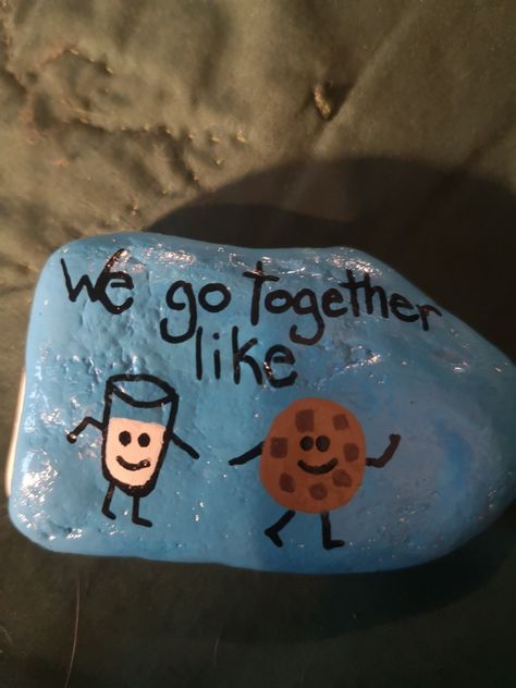 Simple Blue Background, Acrylic Paint Markers, Rock Painting Ideas, Stone Art Painting, Milk And Cookies, We Go Together, Roasting Marshmallows, Smart Cookie, Milk N Cookies