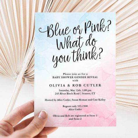 Pink and Blue Script Gender Reveal Baby Shower Invitation - baby gender reveal Gender Reveal Invites, Pink And Blue Gender Reveal, Blue Gender Reveal, Blue Baby Shower Invitations, Gender Party, Watercolor Baby Shower, Pink Baby Shower Invitations, Gender Reveal Decorations, Gender Reveal Invitations