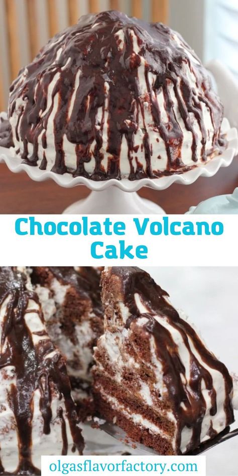 Chocolate Volcano Cake Volcano Cupcakes, Chocolate Volcano Cake, Chocolate Glaze Cake, Chocolate Volcano, Chocolate Cake Layers, Chocolate Lasagna Recipe, Volcano Cake, Sour Cream Frosting, Springform Pan Cake