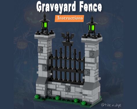 Halloween Lego Builds, Lego Graveyard, Lego Fence, Graveyard Fence, Lego Landscape, Halloween Lego, Lego Dnd, Lego Diorama, Spooky Graveyard