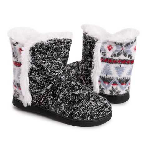 Pull on these sweet knit MUK LUKS® Cheyenne Bootie Slippers for serious comfort. Warm faux fur lining, foam insole and durable indoor/outdoor sole make this sweet bootie a cold weather favorite.Wipe with damp cloth, do not bleach, lay flat to dry. Imported.-Indoor/Outdoor TPR Sole-100% Polyester Faux Fur Insole-100% Acrylic Upper-100% Polyester Faux Fur Lining-Foam Insole-US Women's Whole Sizes S (5-6), M (7-8), L (9-10), XL (11-12)-Multiple Color options available Cozy Slippers Boots, Bootie Slippers, Cabin Socks, Black Slippers, Cork Wedges Sandals, Slippers Cozy, Winter Snow Boots, Slipper Socks, Wedge Boots