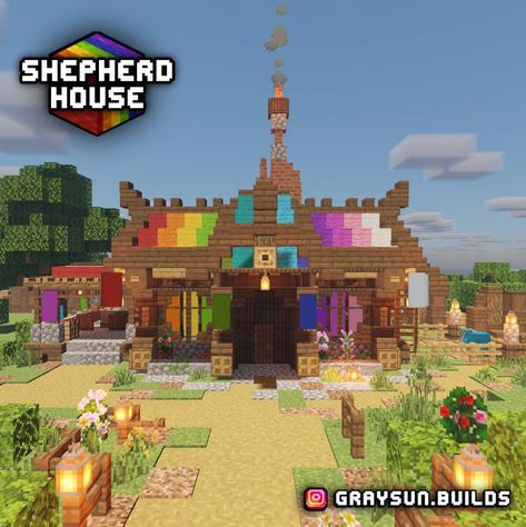 Minecraft Building Ideas Rainbow, Wool Shop Minecraft, Wool House Minecraft, Minecraft Rainbow House, Rainbow Minecraft Builds, Minecraft Rainbow Builds, Minecraft Town Square, Minecraft Bakery, Minecraft Market