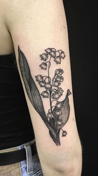 Lilly Of The Valley Skull Tattoo, Lily Of The Valley Tattoo Arm, Lily Of The Valley Collarbone Tattoo, Spanish Inspired Tattoos, Traditional Lily Of The Valley Tattoo, Lillie’s Of The Valley Tattoo, Lilies Of The Valley Tattoo, Lily Of The Valley Tattoo Design, Lily Of The Valley Tattoos