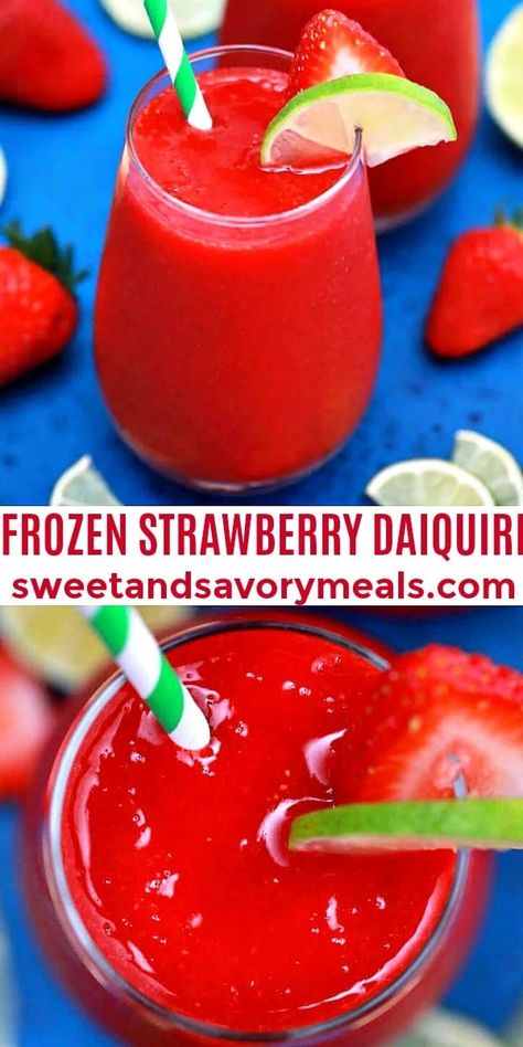 Frozen Strawberry Daiquiri [Video] - Sweet and Savory Meals Cookout Drinks, Strawberry Daiquiri Recipe, Drinks Homemade, Frozen Strawberry Daiquiri, Daiquiri Recipe, Daiquiri Cocktail, Healty Dinner, Frozen Strawberry, Savory Meals