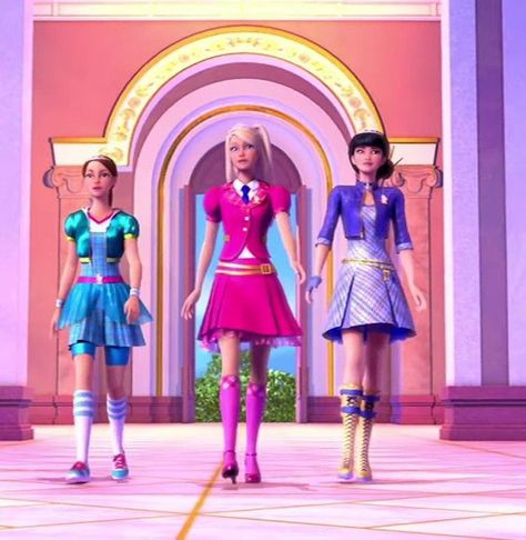 Animated Barbie Movie Outfits, Barbie Animated Movies, Barbie Movies Costume, Barbie Princess Charm School Costume, Barbie Outfits Movies, Barbie Outfits Movie, Trios Cartoon Character, Barbie Trio, Barbie Movie Costumes