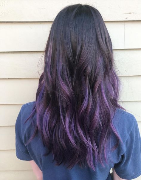 Fade Hair Color Ideas, Purple With Dark Brown Hair, Asian Purple Hair Balayage, Black Purple Balayage, Purple Bolyoge Hair, Jewel Tone Hair Color Ideas, Purple Balayage Brown, Violet Balayage Brunette, Brunette Purple Balayage