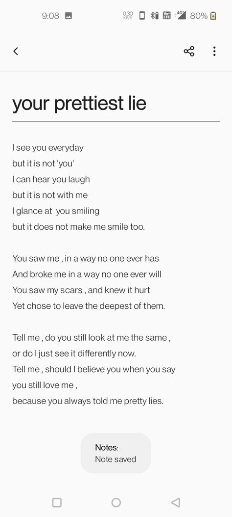 I see you everyday 
but it is not 'you'
I can hear you laugh
but it is not with me 
I glance at  you smiling
but it does not make me smile too.
 
You saw me , in a way no one ever has
And broke me in a way no one ever will
You saw my scars , and knew it hurt 
Yet chose to leave the deepest of them.

Tell me , do you still look at me the same ,
or do I just see it differently now. 
Tell me , should I believe you when you say 
you still love me ,
because you always told me pretty lies. Two Hearts Never Break The Same, I Hope She Breaks Your Heart, Heart Breaking Lines, Poem On Heart Break, How To Break Your Readers Heart, Cute Ways To Break Their Heart, Poems For Heart Break, Heart Breaking Poetry, Personal Diary Writing Feelings