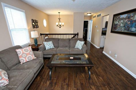 Split Level Porch, Bilevel Living Room, Bi Level Living Room, Bilevel Living Room Layout, Recliner Sofa Living Room Decor, Sectional Living Room Layout, Bi Level Homes, Reclining Sofa Living Room, Living Room Upstairs