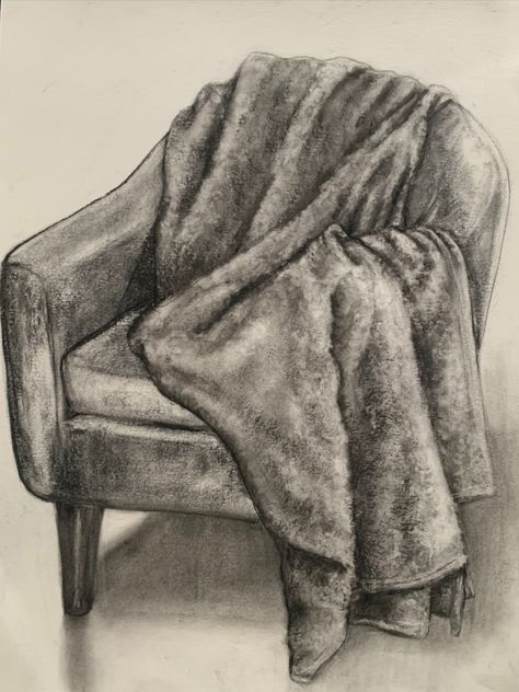 Still life chair drawing #charcoal #blanket #drawing #observation #art Pile Of Clothes Drawing, Wrapped In Blanket Drawing, Blanket Drawing Reference, Charcoal Blanket, Blanket Drawing, Cloth Reference, Drapery Drawing, Chair Drawing, Santa Ideas