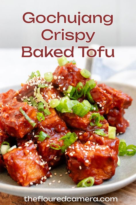 Korean Gochujang Crispy Baked Tofu Crispy Korean Tofu, Gochujang Bread, Recipes With Gochujang Paste, Gochujang Vegan, Gojuchang Recipe, Gochujang Tofu, Sticky Tofu, Crispy Baked Tofu, Easy Korean Recipes