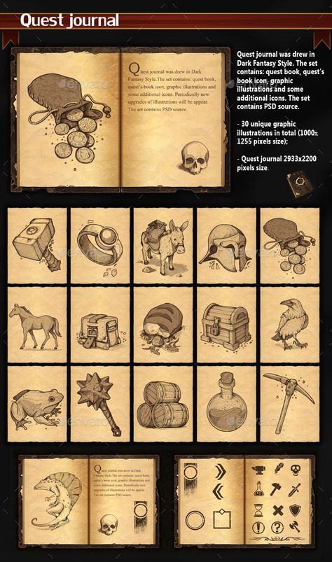 Quest journal was drew in Dark Fantasy Style. The set contains: quest book, questâ€™s book icon, graphic illustrations and some addi Ttrpg Design, Fantasy Quest, Book Games, Fantasy Map Making, Book Icon, Board Game Design, Fantasy Style, Rpg Map, Graphic Illustrations