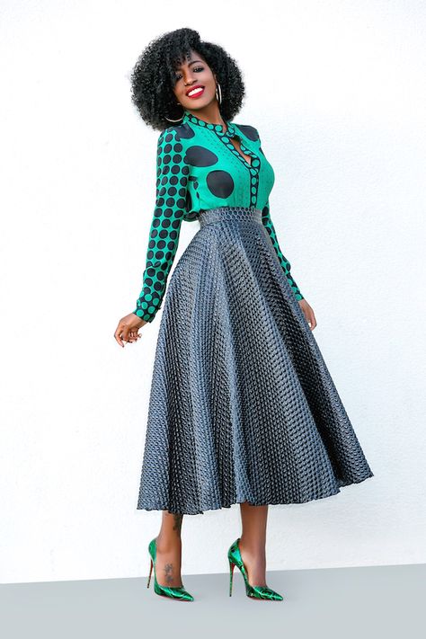 Style Pantry | Multi Polka Dot Shirt + Textured Dotted Midi Skirt Midi Skirts Style, Style Pantry, Dot Shirt, Polka Dot Shirt, Classy Dress Outfits, Classy Work Outfits, Long Skirts, Church Outfits, Black Women Fashion