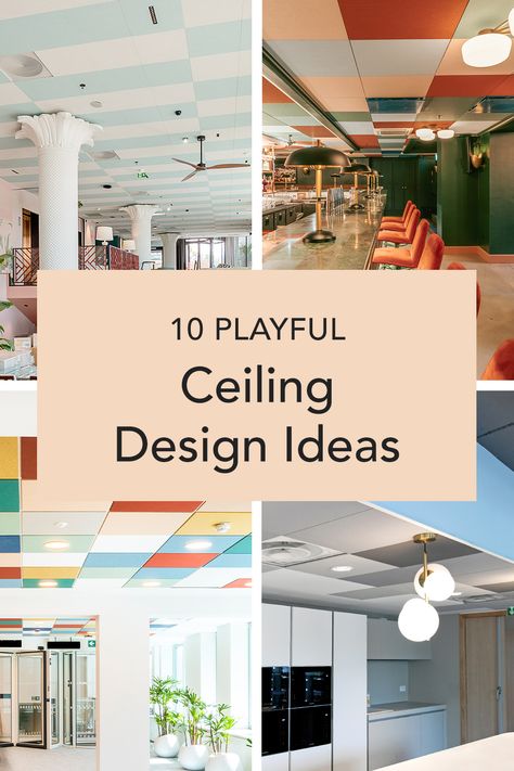 A blog about 10 playful ceiling design ideas Office Ceiling Ideas, Checkered Ceiling, Colourful Ceiling, Suspended Ceiling Design, Colorful Ceiling, Grid Ceiling, Basement Redo, Office Ceiling, Ceiling Design Ideas