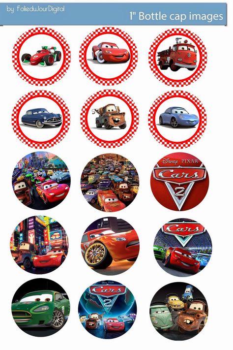 Free Bottlecap Images, Disney Cars Cupcakes, Cars Cupcakes, Bottle Top Crafts, Bottle Cap Projects, Car Cake Toppers, Disney Poster, Bottle Cap Jewelry, Cricut Templates