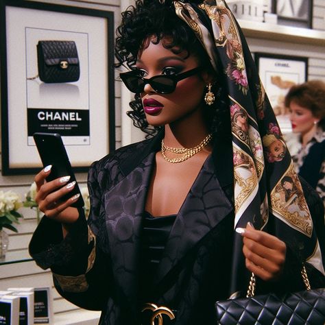 Black Fashion Designer Aesthetics, Mob Woman Aesthetic, Southern Money Aesthetic, Bougie Outfits Black Women, Luxury Hair Aesthetic, Maximalist Black Women, 90s Luxury Aesthetic, Harlem Outfit, Black Woman Old Money