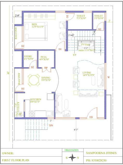 30x40 East Facing Duplex House Plan for first and second floor 30 40 Duplex House Plans East Facing, 3bhk House Plan With Pooja Room, Duplex House Staircase Designs, Small Duplex House Plans Modern, 30x40 House Plans East Facing, 30 40 House Plans, Civil Plan, Internal Staircase, One Floor House Plans