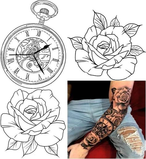 Rose Tattoo Design For Men, Tato Jam, Tattoo Clock, Time Piece Tattoo, Rose Chest Tattoo, Tattoo Design For Men, Pocket Watch Tattoo Design, Pigeon Tattoo, Clock And Rose Tattoo