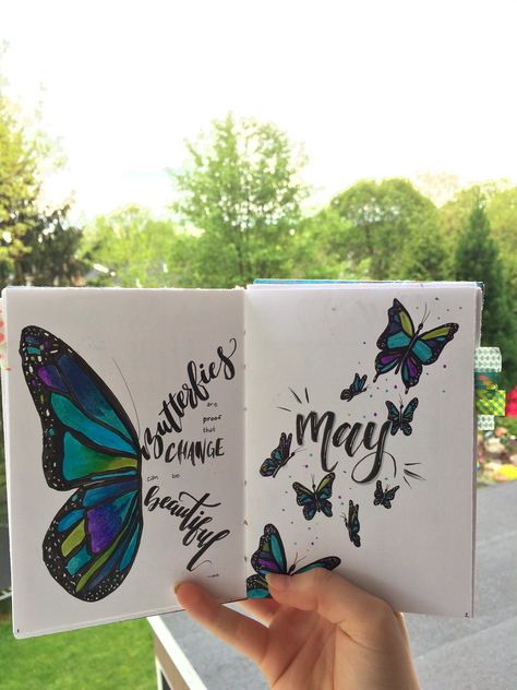 May bullet journal monthly cover page with butterflies! Cover Page Of Journal, May Journal Page, Butterfly Journal Ideas, March Journal Ideas, Creative Cover Page, Diary Cover Page, Journal Month Page, Butterfly Bullet Journal, May Cover Page