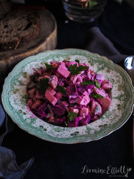 Finnish Rosolli Beetroot Salad @ Not Quite Nigella Finnish Recipes, Fresh Salad Recipes, Red Onion Relish, Beetroot Salad, Beet Recipes, Veggie Stock, Onion Relish, Carrots And Potatoes, Fresh Salads