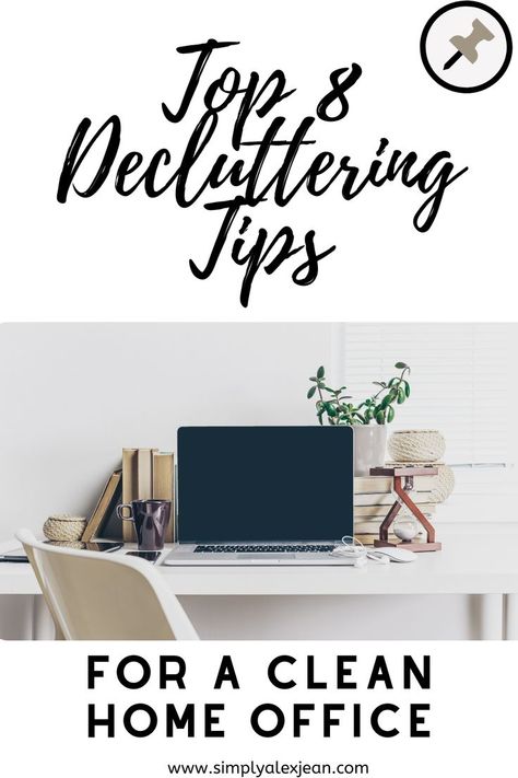 Picture of a home office. Office Declutter Organization Ideas, Declutter Workspace, Declutter Office Space, Declutter Office, How To Declutter Your Office, Clutter Free Office Desk Work Spaces, Declutter And Organize Quotes, Office Decluttering, Office Hacks