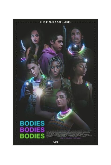 BODIES BODIES BODIES 2022 Bottoms Movie Poster, A24 Costumes, Scrapbook 2024, Summer Slasher, Bodies Bodies Bodies, Maria Bakalova, October Movies, The Last Man On Earth, Amandla Stenberg