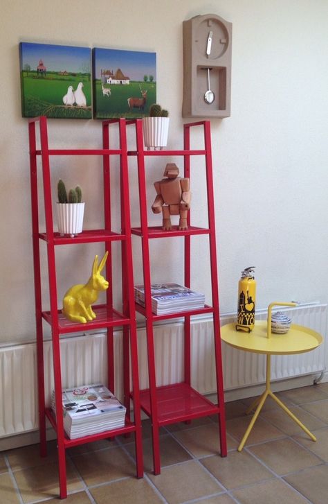 Ikea Lerberg in red Ikea Lerberg Shelf Ideas, Lerberg Ikea Ideas, Lerberg Ikea, Ikea Lerberg, Ikea Door, Shelf Decor Living Room, Flat Pack Furniture, Ikea Ideas, Basement Reno