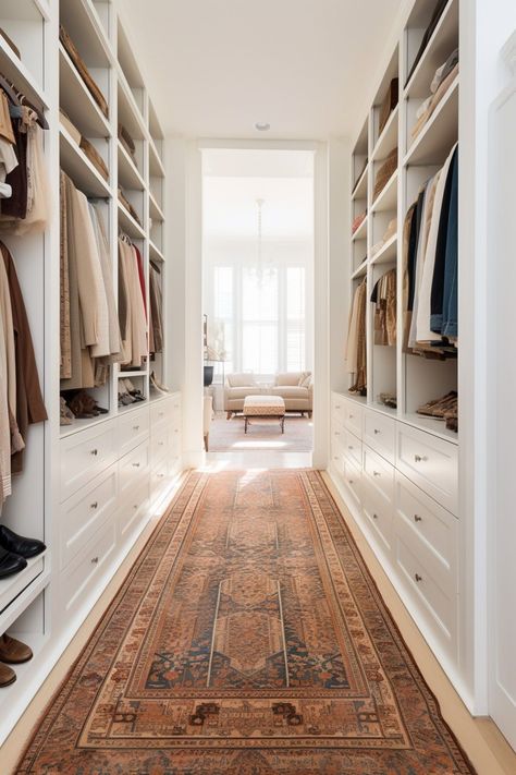 Walk In Closet To Ensuite, 12x5 Walk In Closet, Walk In Narrow Closet, Walk Through Closet Design, Walk In Closet Into Bedroom, Master Closet Narrow, Semi Custom Walk In Closet, Dressing Table In Closet Ideas, Walk In Closet Leading To Bathroom