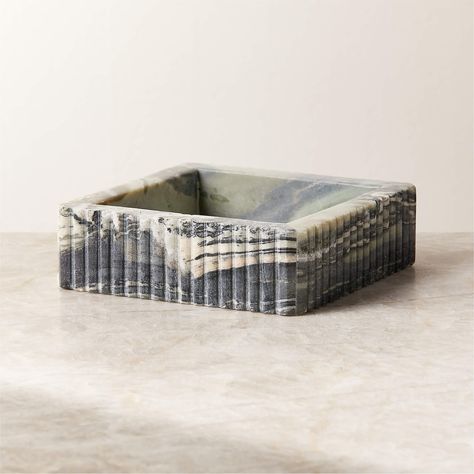 Luke Jade Marble Ribbed Catchall Dish | CB2 Green Marble Decor, Jade Marble, Glass Taper Candle Holders, La House, Brown Dining Chairs, Metal Counter Stools, Glass Tealight Candle Holders, Calacatta Gold Marble, Alabaster Stone