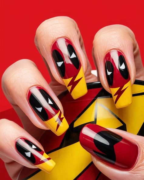 Deadpool Vibes: A Bold Manicure Adventure! 💥🔴🟡 Unleashing my inner anti-hero with this vibrant yellow and red manicure inspired by the one and only Deadpool! 🎭✨ With playful comic-style designs and a pop of color, these nails are perfect for anyone ready to break the fourth wall and make a statement. Who's ready to join me on this mani adventure? 💅💣 #deadpoolnails #comicbooks #nailart #deadpool #deadpoolandwolverine Red And Yellow Nails, Deadpool Nails, Cosplay Claws, Pool Nails, Breaking The Fourth Wall, Red Hulk, Red Manicure, Anti Hero, Creative Nail Designs