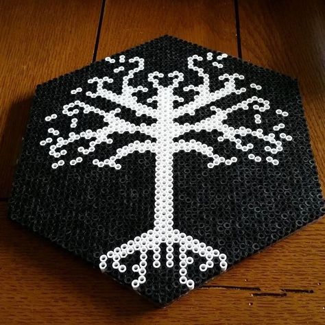 Lotr Tree, White Tree Of Gondor, Tree Of Gondor, Pony Bead Patterns, Diy Perler Bead Crafts, Bead Sprite, Diy Perler Beads, Bee Art, Perler Beads Designs