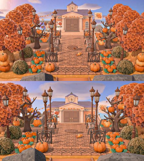 Fall Road Path Acnh, Acnh Island Design Ideas Halloween, Town Ideas Acnh, Acnh Fall Town Entrance, Animal Crossing Fall Entrance, Acnh Autumncore Island, Acnh Autumncore Entrance, Acnh Town Hall Plaza Ideas, Acnh Autumncore Codes