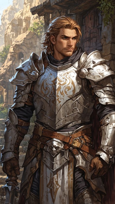 🏰 "The Paladin's Quest for the Dawn's Legacy" In the sun-kissed ruins of an ancient keep, a noble paladin stands resolute. Clad in gleaming armor adorned with symbols of valor, he embarks on a hallowed quest. Guided by a sacred oath, his eyes harbor the light of purpose as he seeks the lost heirloom of his realm—an artifact whispered to harbor the essence of dawn. Every step is a silent prayer, every act a testament to his unwavering spirit. As shadows gather, his sword becomes a beacon, cut... Paladin Of Iomedae, Oath Of Conquest Paladin Art, Astral Elf Paladin, Changeling Paladin, Oath Breaker Paladin, Oath Of Devotion Paladin, Paladin Dnd Art, Paladin Dnd Character Design, Dnd Paladin Art