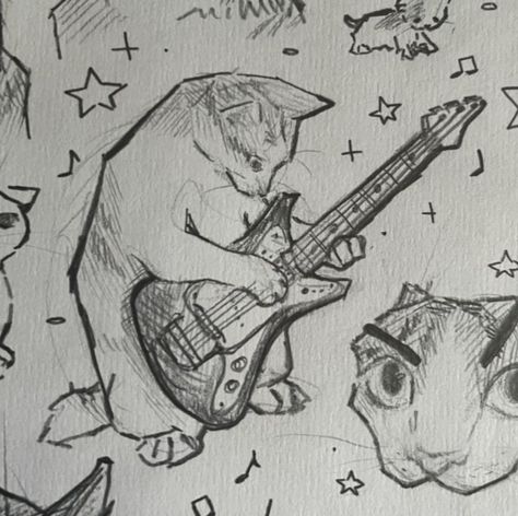 Cat With Guitar Drawing, Human Cat Drawing, Spotify Sketch, Drawing Of Guitar, Playing Guitar Pose Reference, Cat Simple Drawing, Mic Drawing, Guitarist Drawing, Guitar Draw