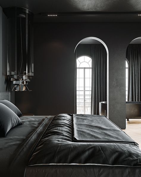 Black Modern Interior, Black Interiors, A Beautiful House, Black Studio, A Dark Room, Episode Backgrounds, Dark House, Sleeping Room, Apartment Projects